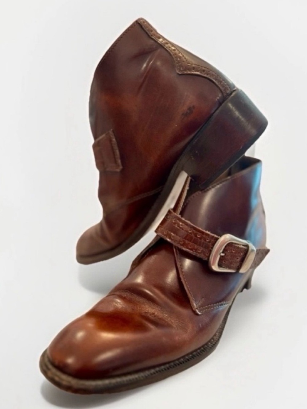 Antica Cuoieria Donna Brown Leather Ankle Boot Monk Strap Italy Size 38.5 (US 8)